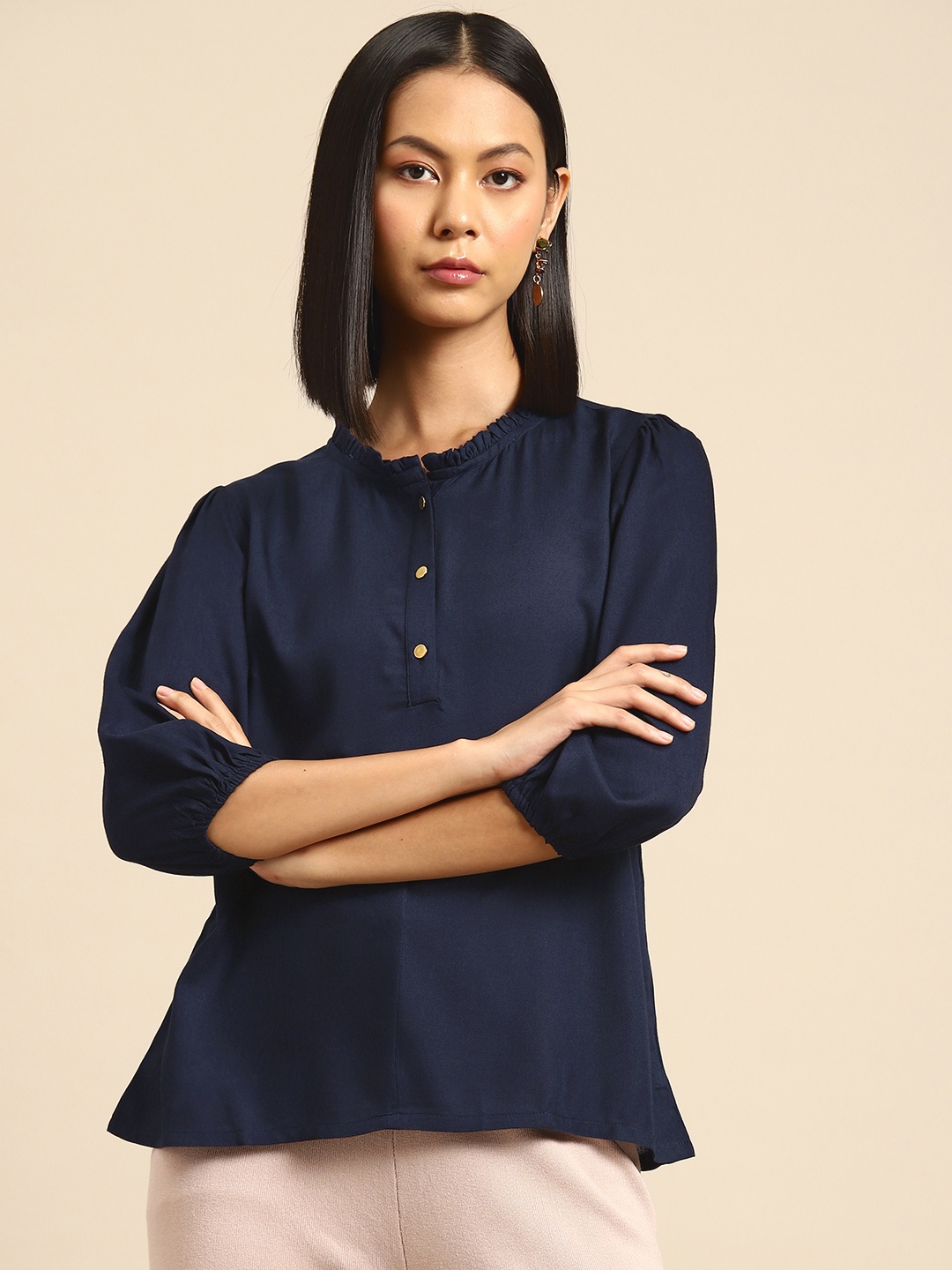 

all about you Half Button Placket Puff Sleeve Top, Navy blue