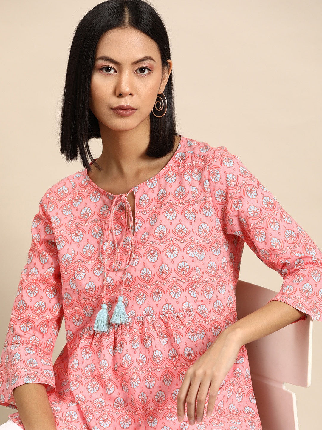 

all about you Floral Print Bell Sleeve Cotton Top, Pink