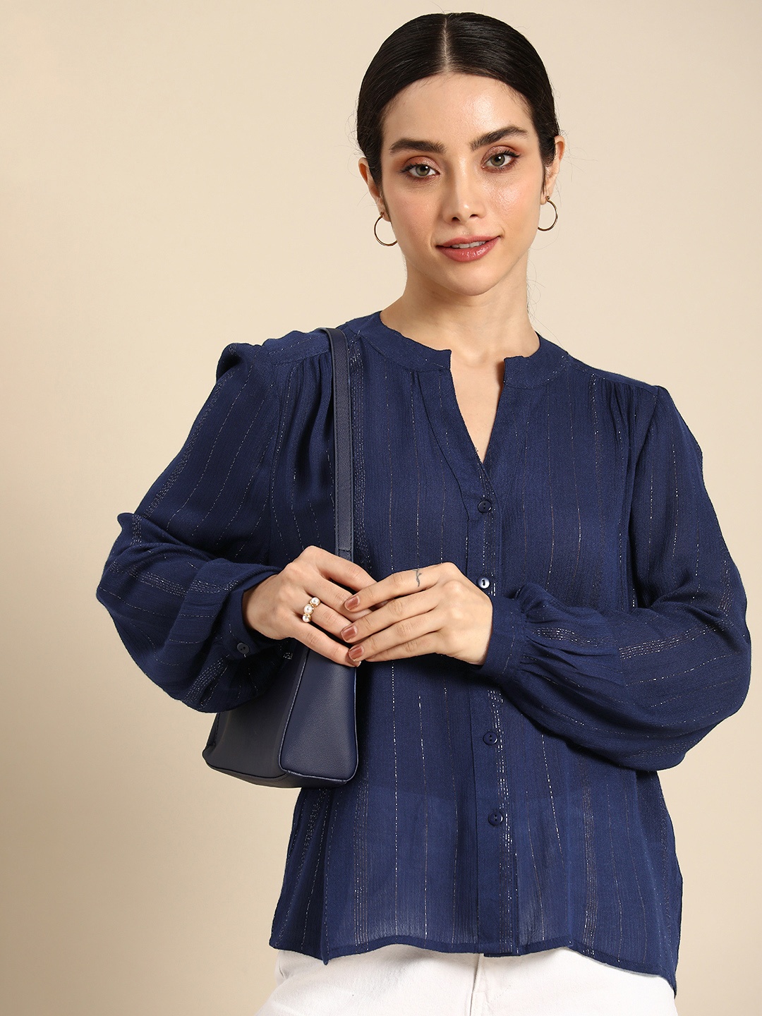 

all about you Striped Mandarin Collar Shirt Style Top, Navy blue