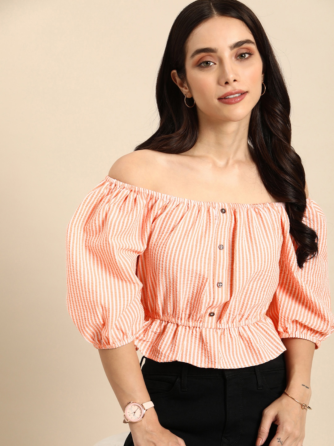 

all about you Striped Off-Shoulder Puff Sleeves Peplum Top, Orange
