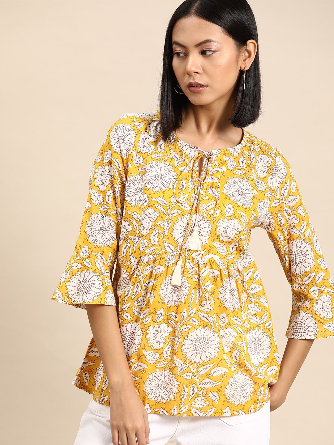 

all about you Floral Print Bell Sleeve Cotton Top, Yellow