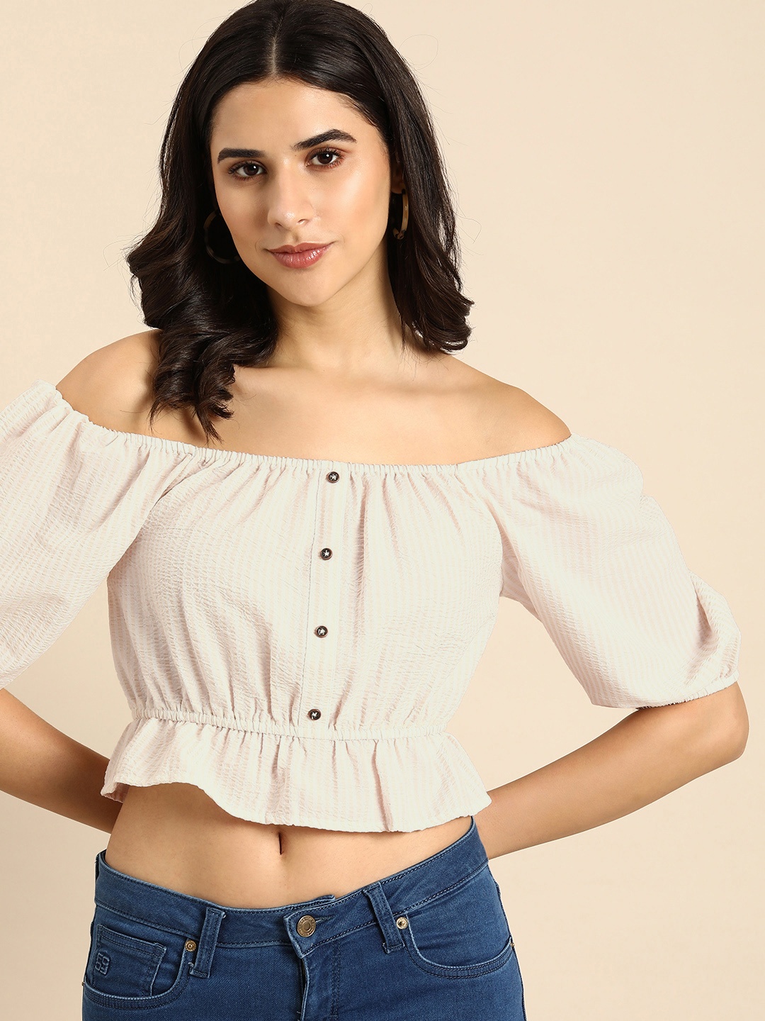 

all about you Striped Off-Shoulder Puff Sleeves Peplum Top, Cream