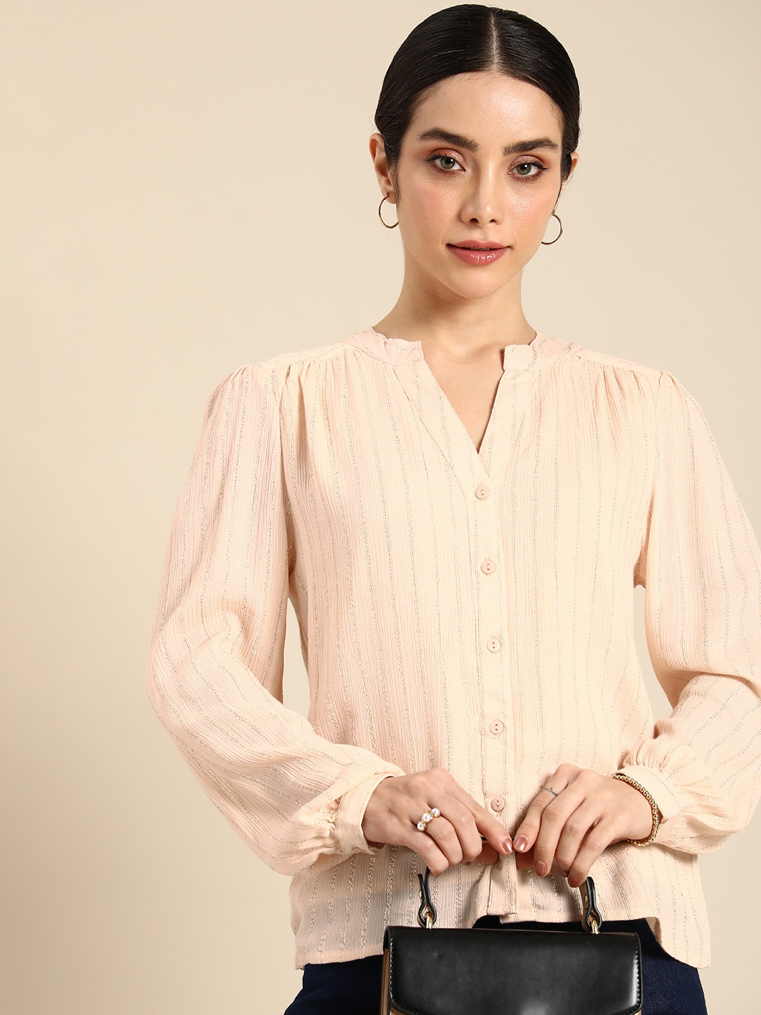 

all about you Striped Mandarin Collar Shirt Style Top, Peach
