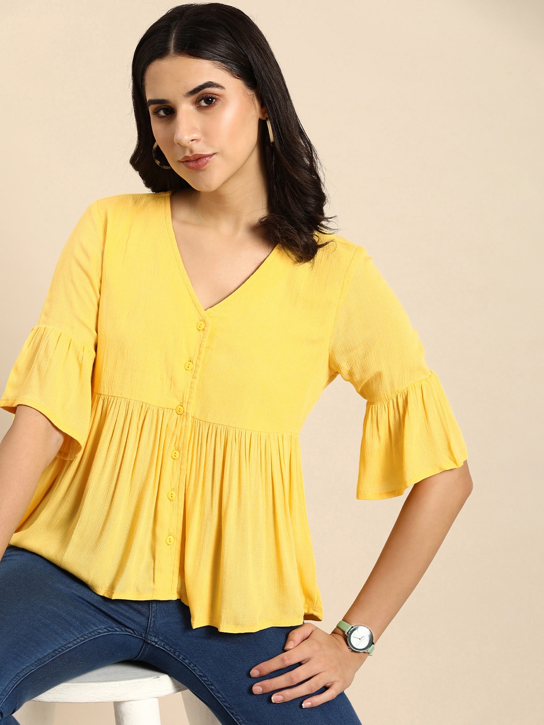 

all about you Solid Bell Sleeve V-Neck A-Line Top, Yellow