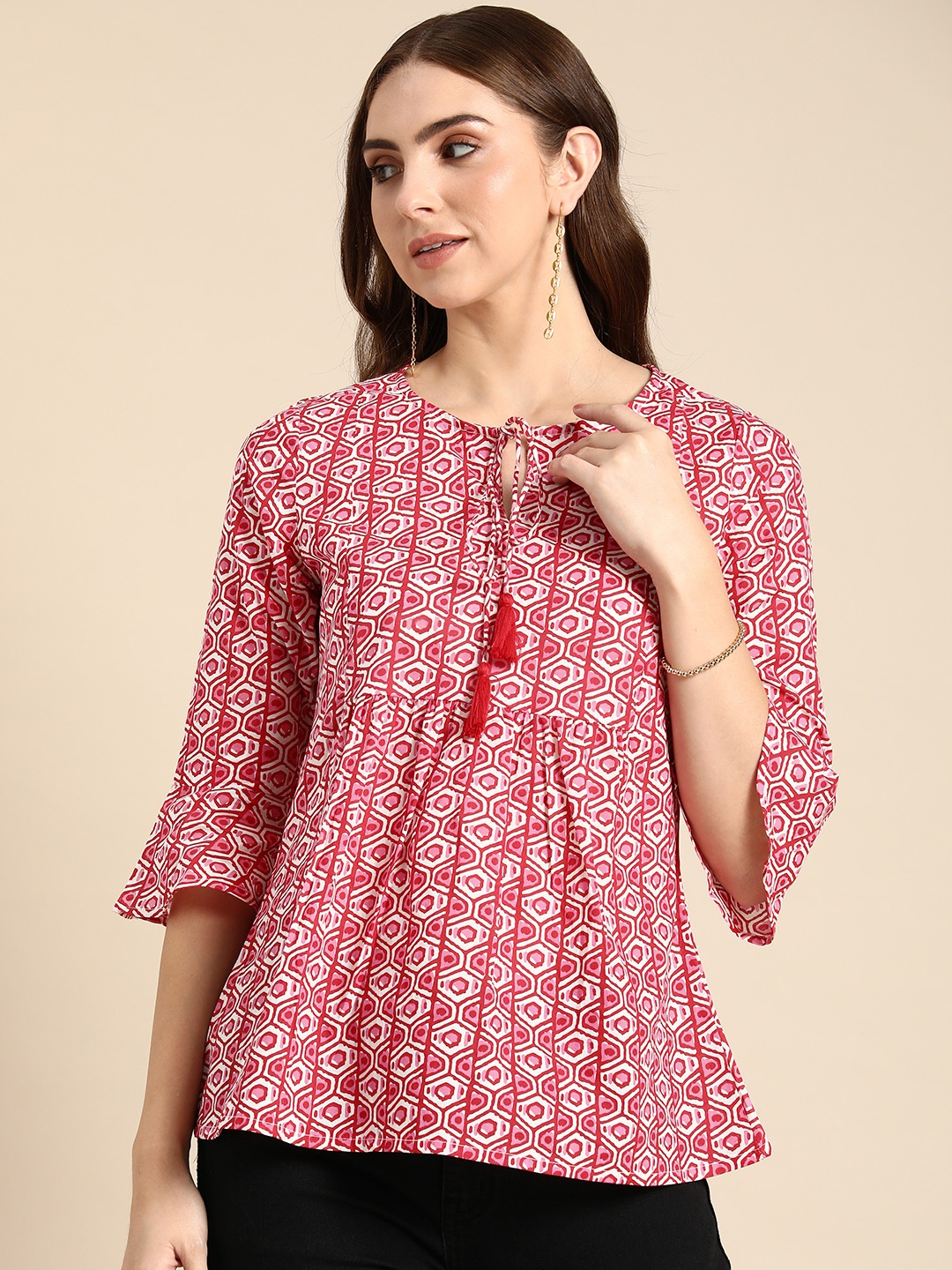 

all about you Pure Cotton Abstract Print Tie-Up Neck Bell Sleeve Top, Pink