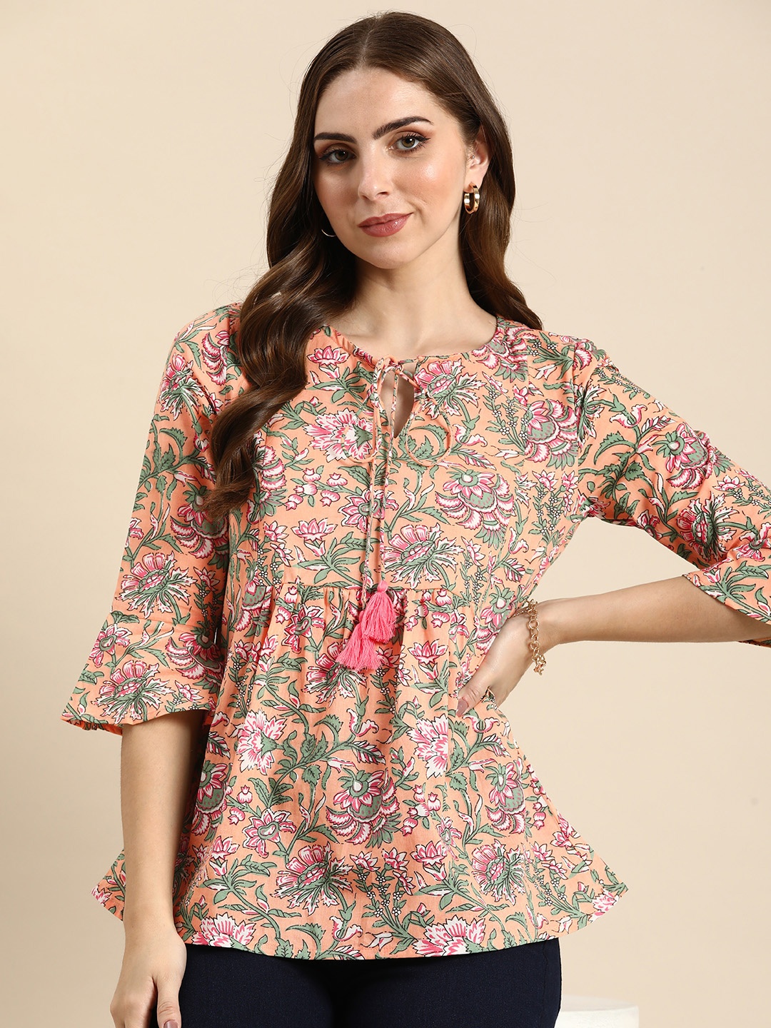 

all about you Floral Print Tie-Up Neck Bell Sleeve Pure Cotton Top, Peach