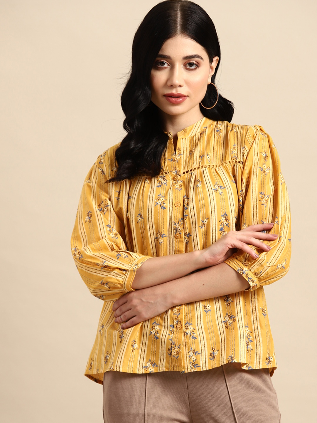 

all about you Striped with Floral Print Detail Pure Cotton Shirt Style Top, Yellow