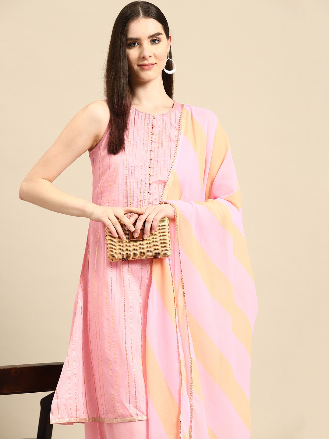 

all about you Pleated Woven Design Kurta with Palazzos & Dupatta, Pink