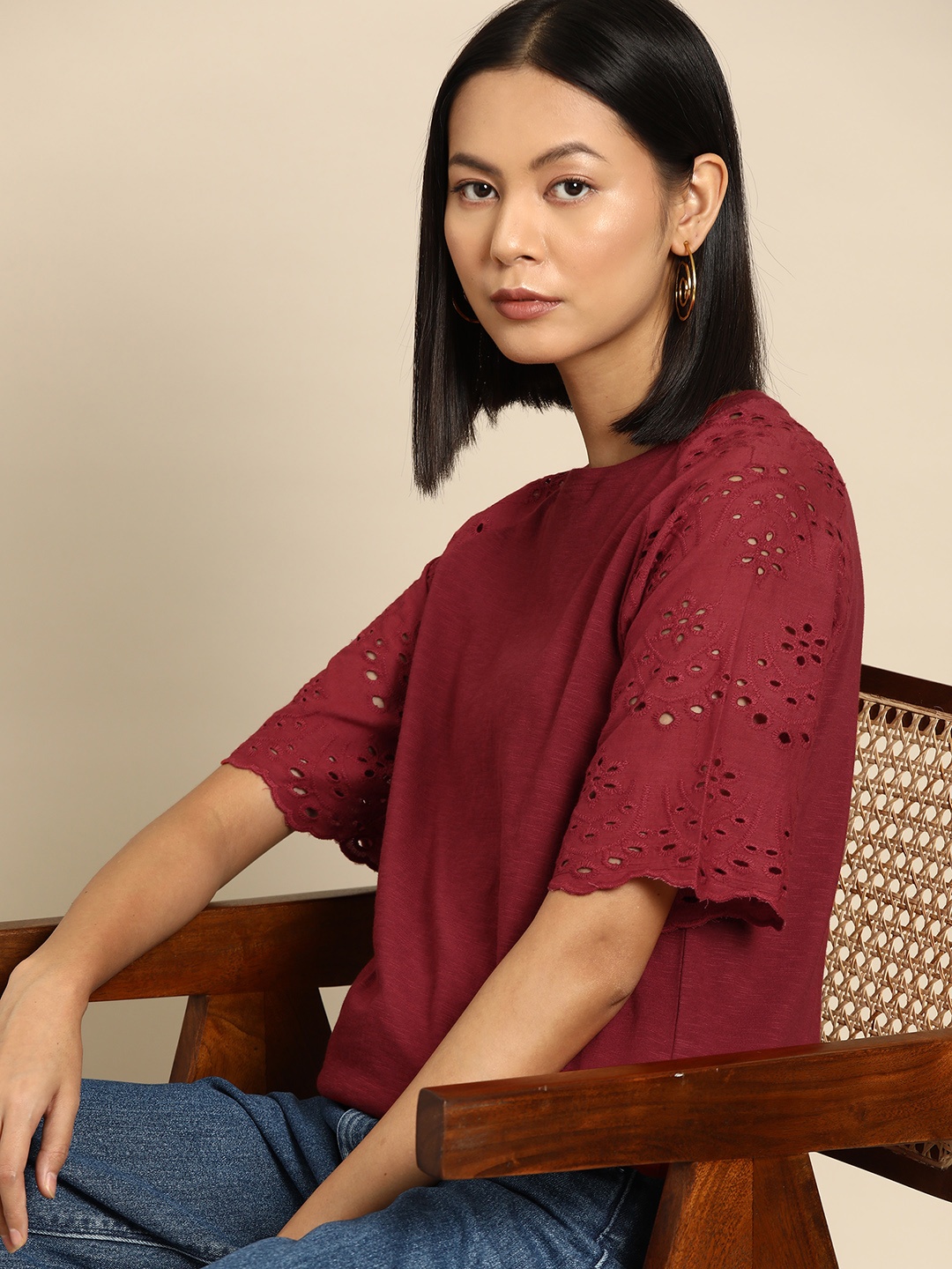 

all about you Pure Cotton Schiffli Embroidered Raglan Sleeves Top, Maroon