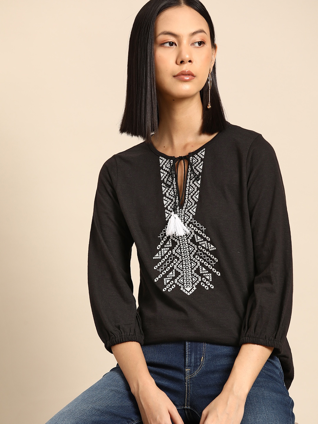 

all about you Geometric Embroidered Tie-Up Neck Puff Sleeve Cotton Top, Black