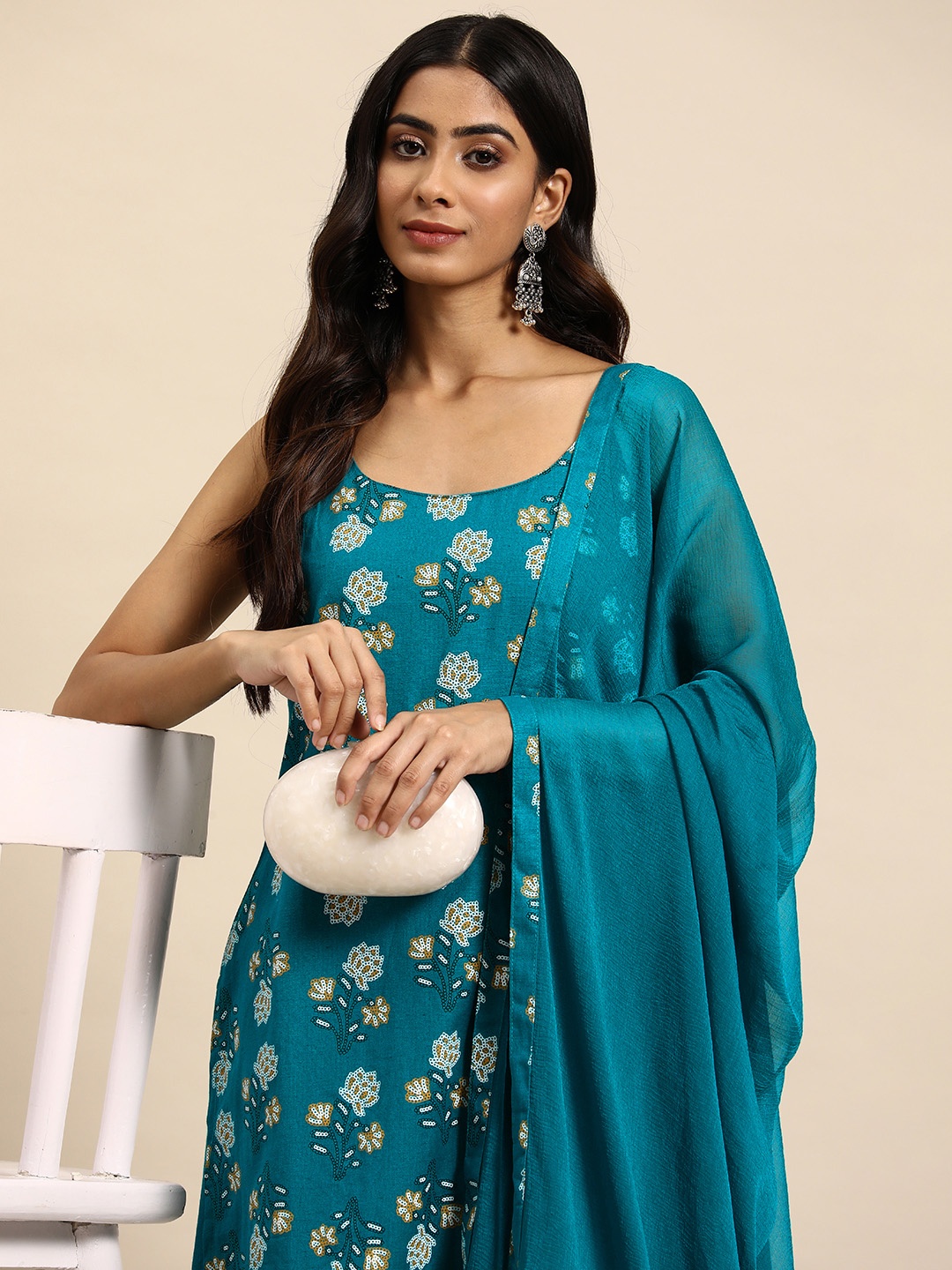 

all about you Ethnic Motifs Printed Cotton Linen Kurta with Palazzos & Dupatta, Teal