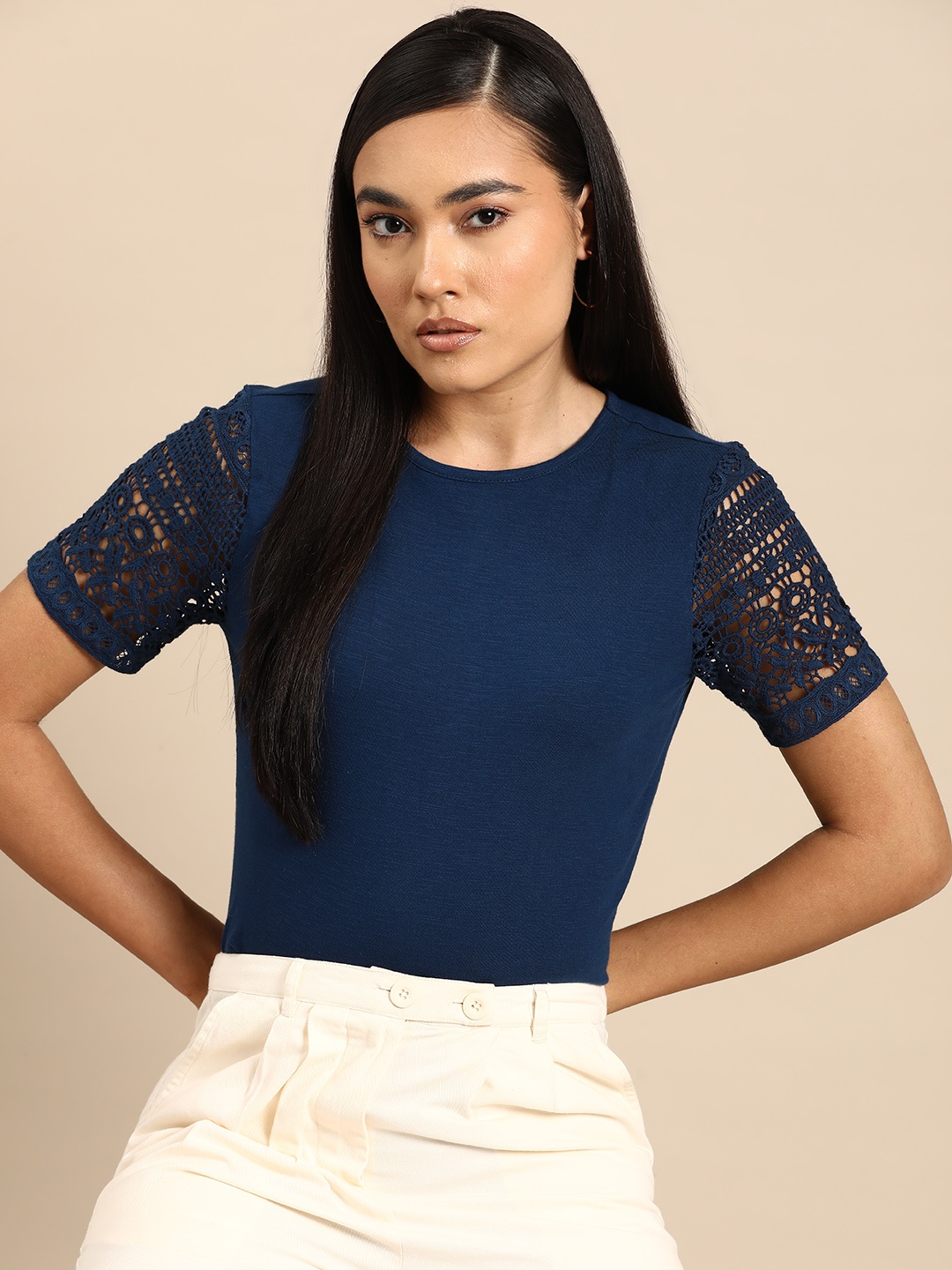

all about you Lace Detailed Sleeves Pure Cotton Top, Navy blue