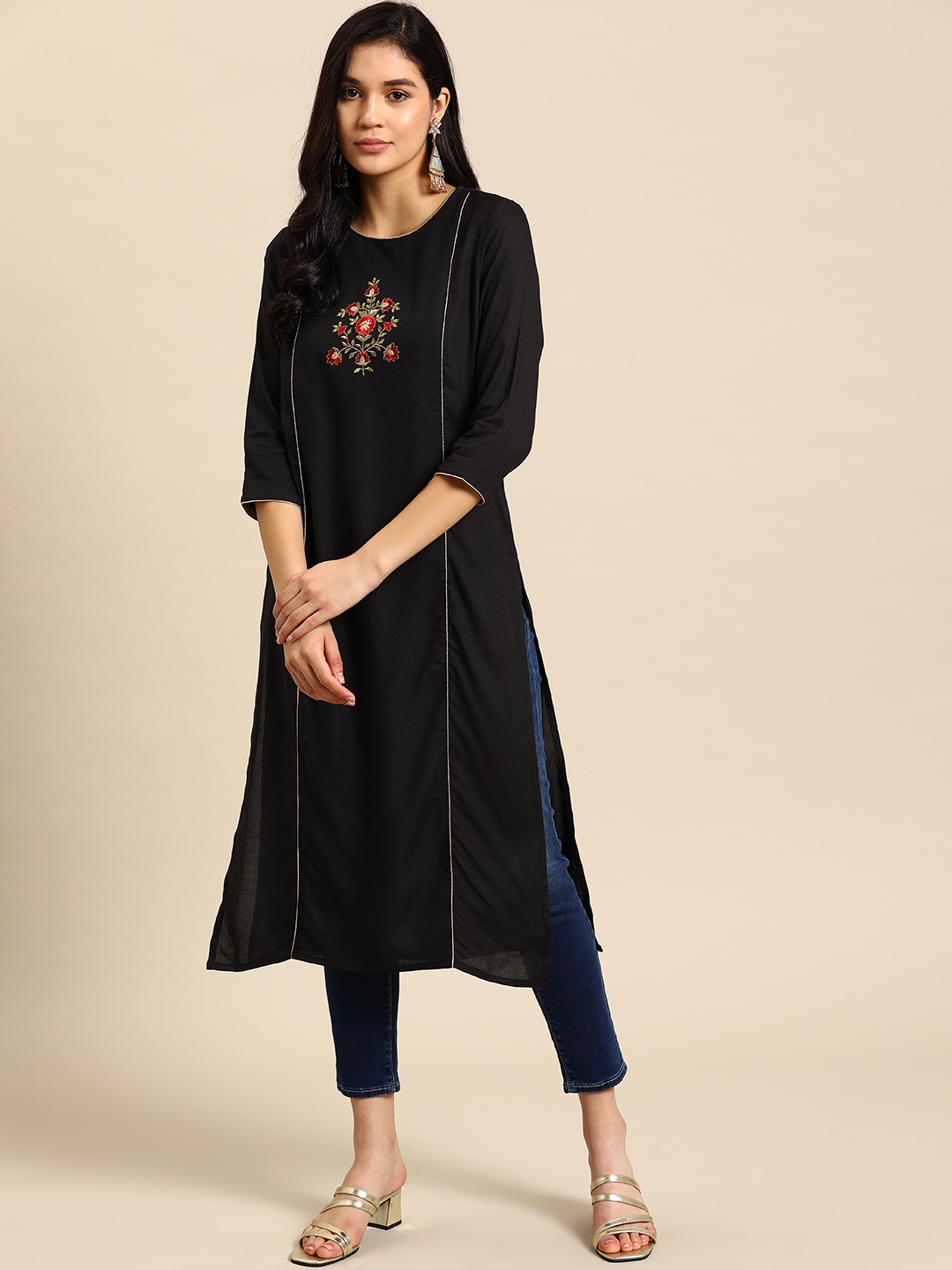 

all about you Women Floral Embroidered Kurta, Black