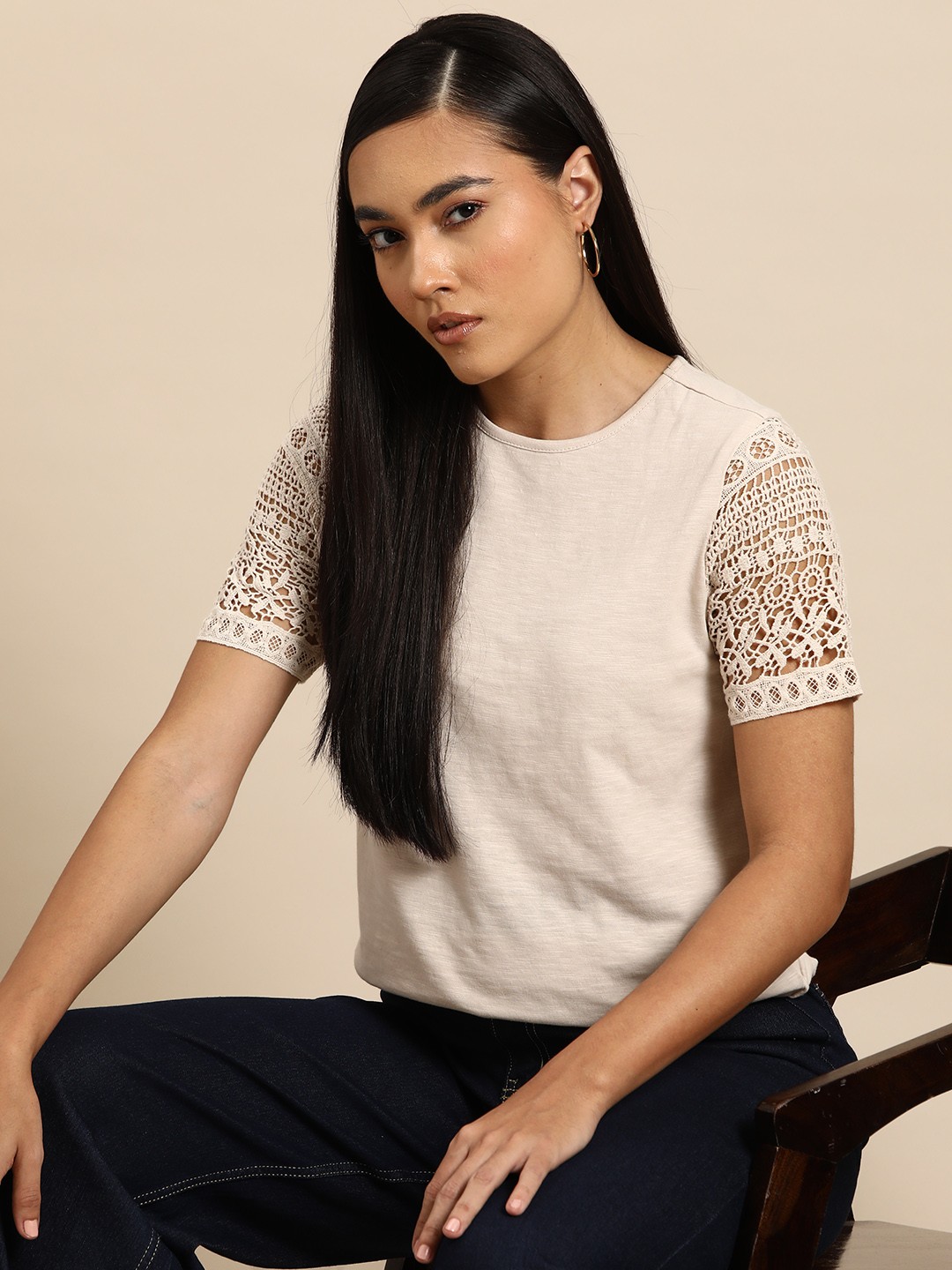 

all about you Lace Detailed Sleeves Pure Cotton Top, Beige