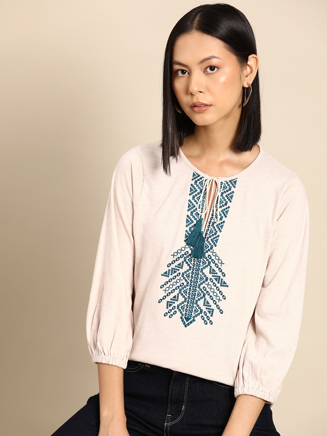 

all about you Geometric Embroidered Tie-Up Neck Puff Sleeve Cotton Top, Taupe