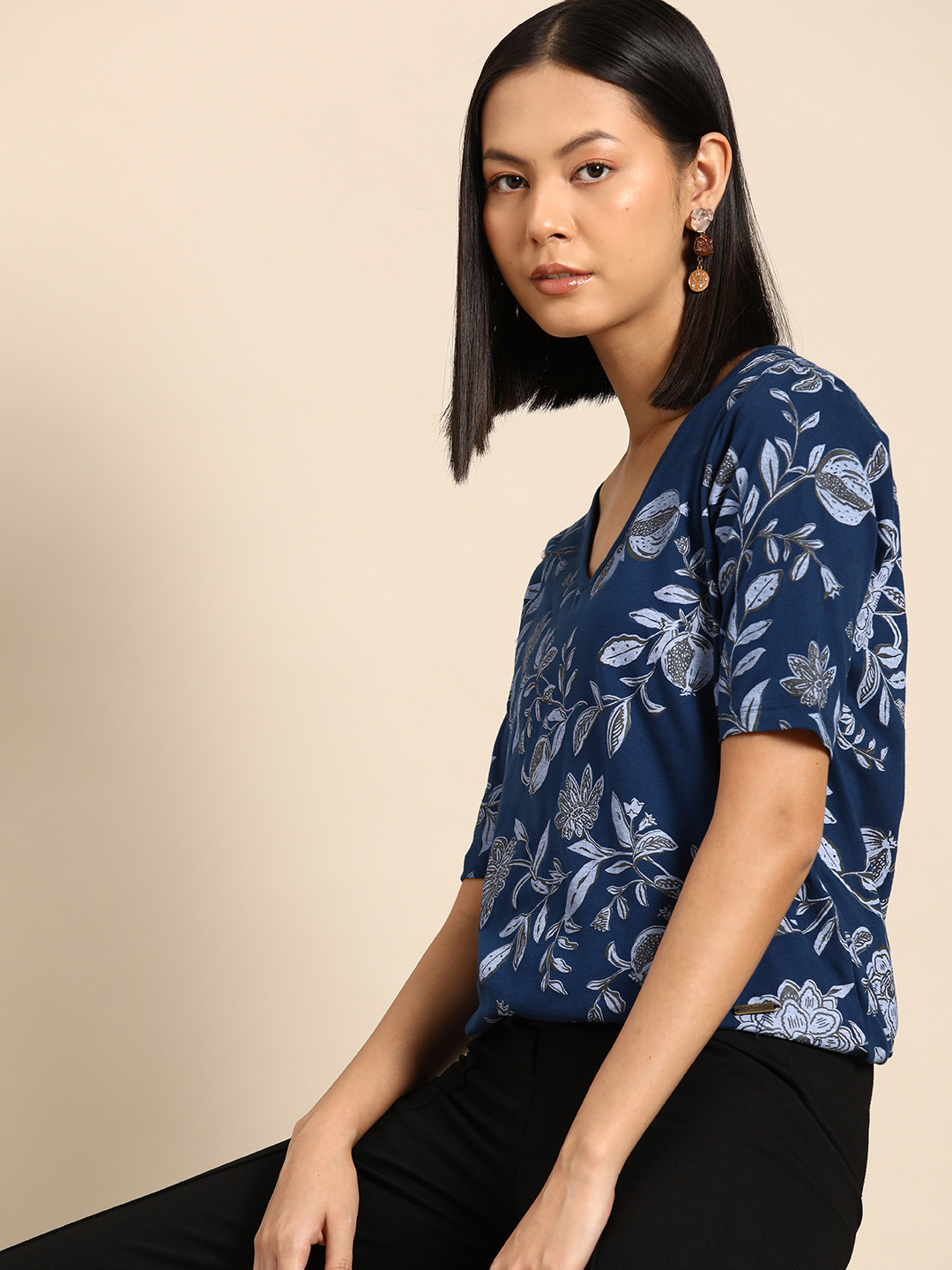 

all about you Floral Print Cotton Top, Navy blue