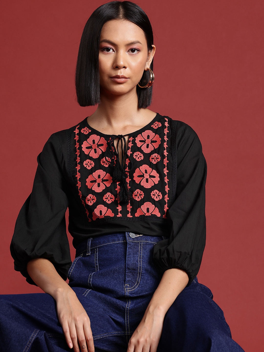 

Routes by All About You Embroidered Tie-Up Neck Cotton Top, Black
