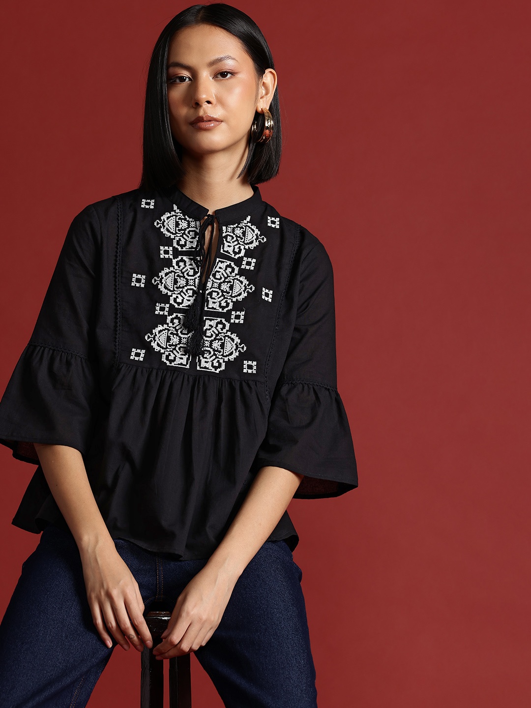 

all about you Embroidered Tie-Up Neck Cotton Top, Black