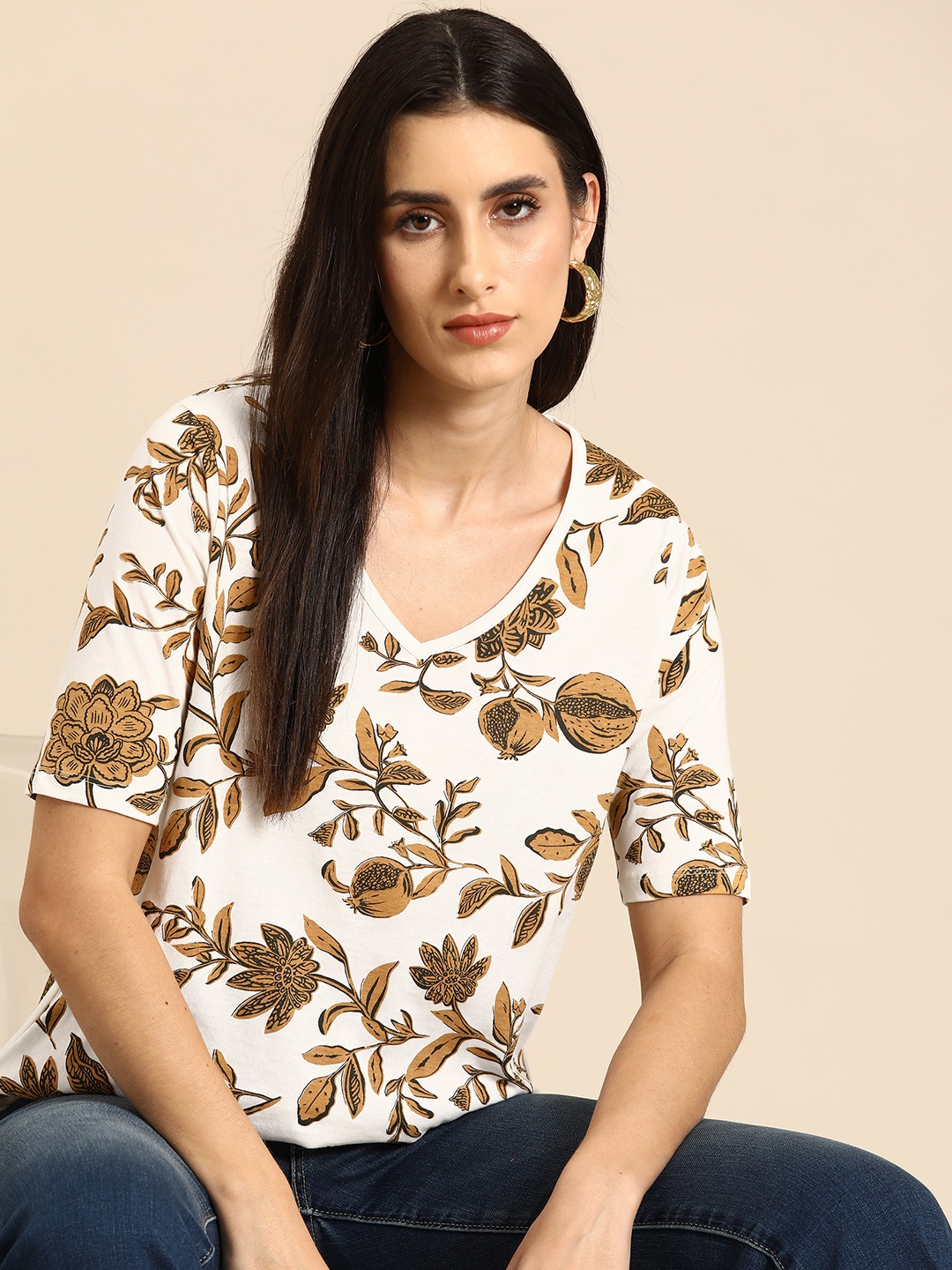 

all about you Floral Print Pure Cotton T-shirt, Off white