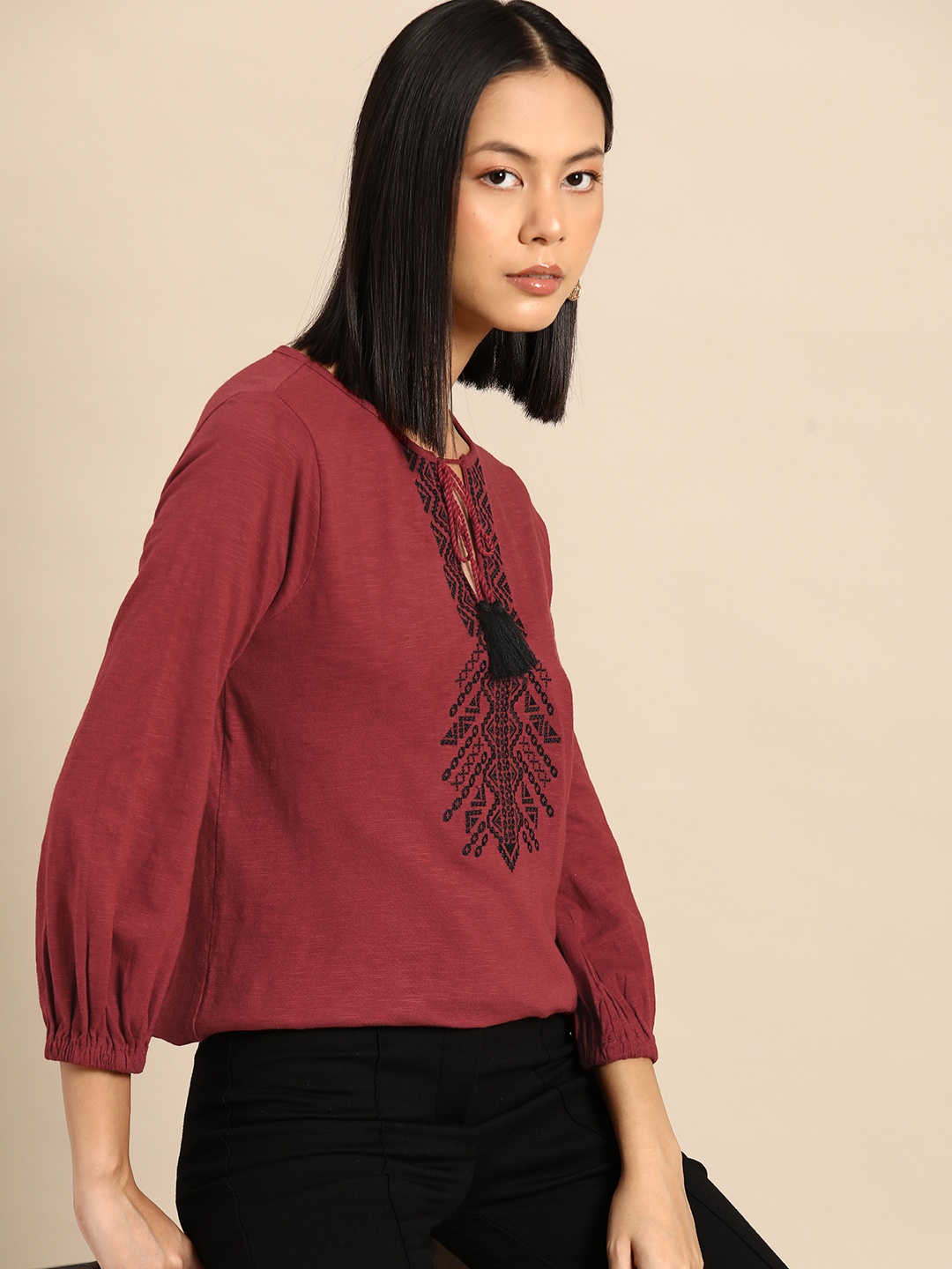 

all about you Geometric Embroidered Tie-Up Neck Puff Sleeve Cotton Top, Maroon