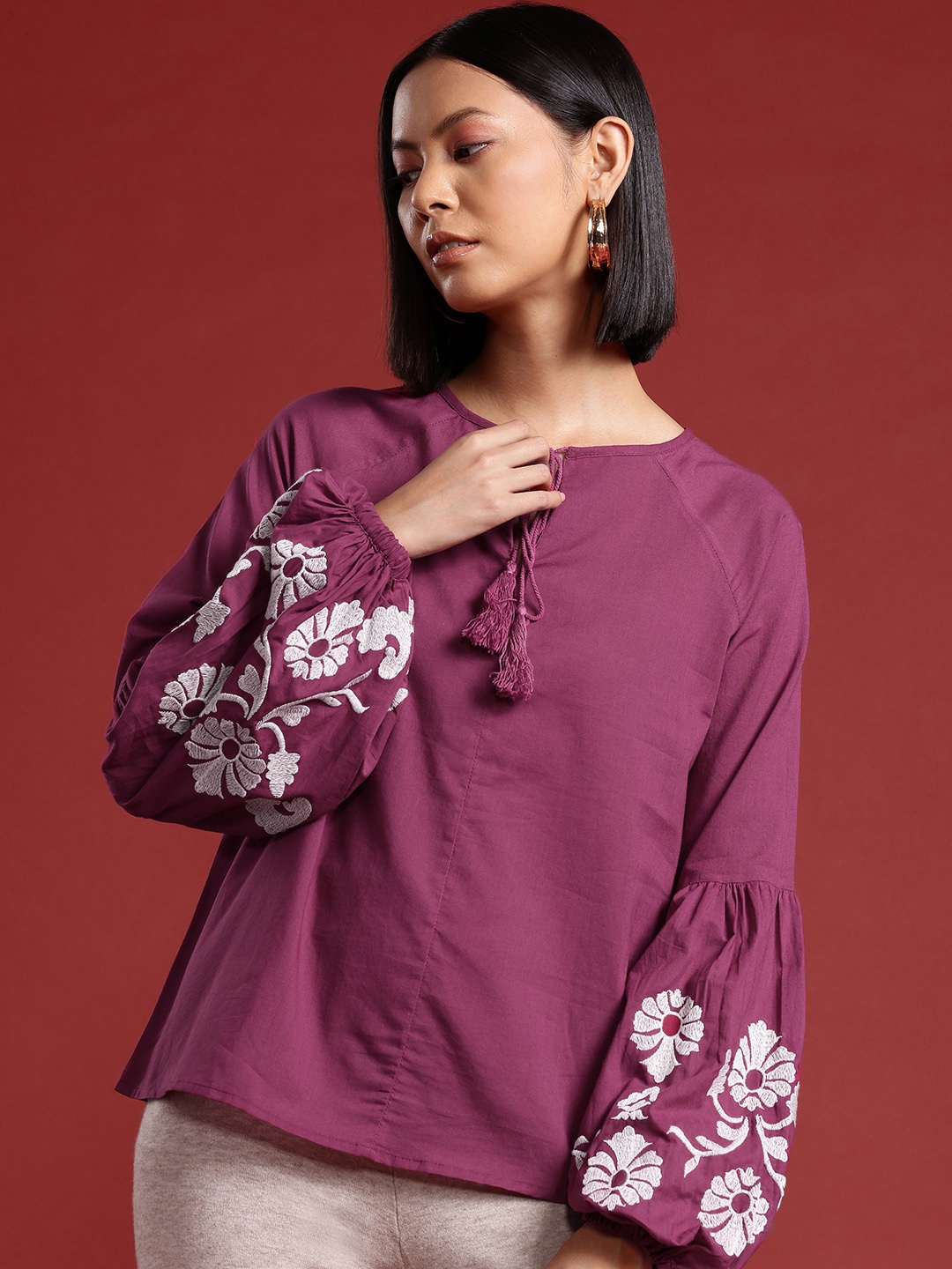 

all about you Tie-Up Neck Embroidered Detail Cotton Top, Magenta
