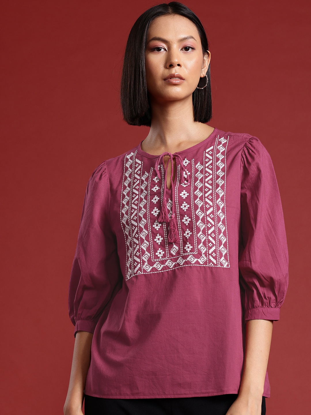 

all about you Embroidered Tie-Up Neck Cotton Top, Magenta