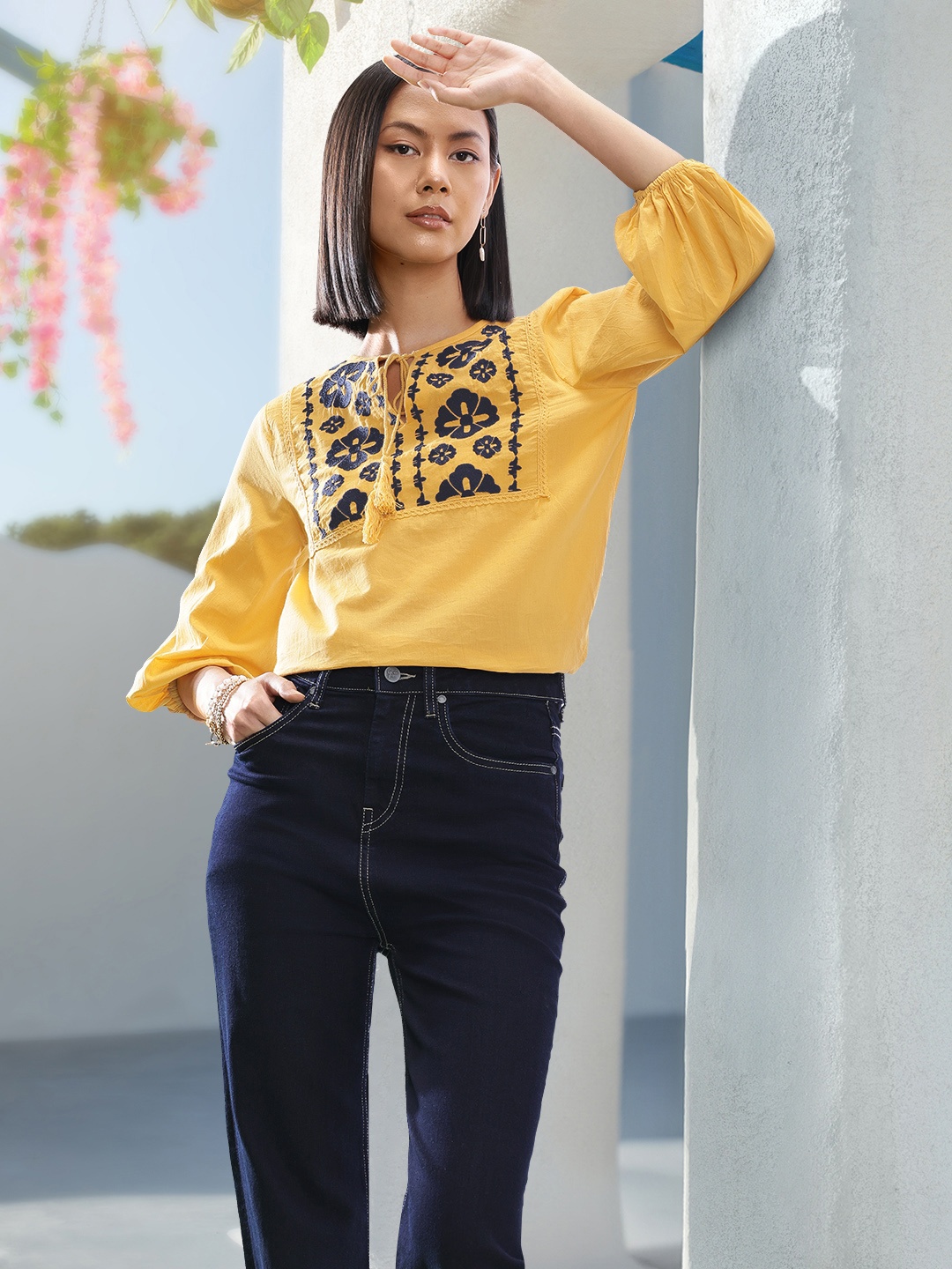 

Routes by All About You Embroidered Tie-Up Neck Cotton Top, Mustard