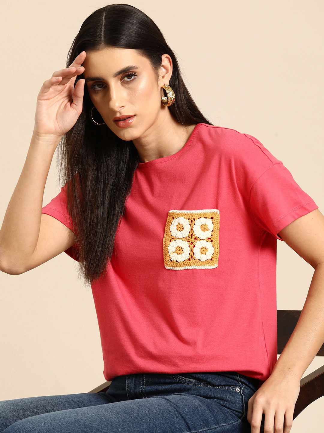 

all about you Pure Cotton Embroidered Pocket T-shirt, Pink