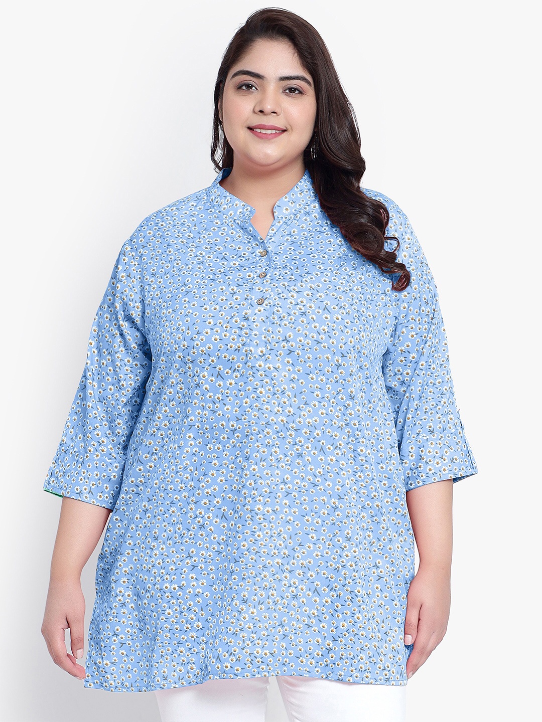 

Indietoga Women Floral Print Mandarin Collar Plus Size Casual Tunic, Blue