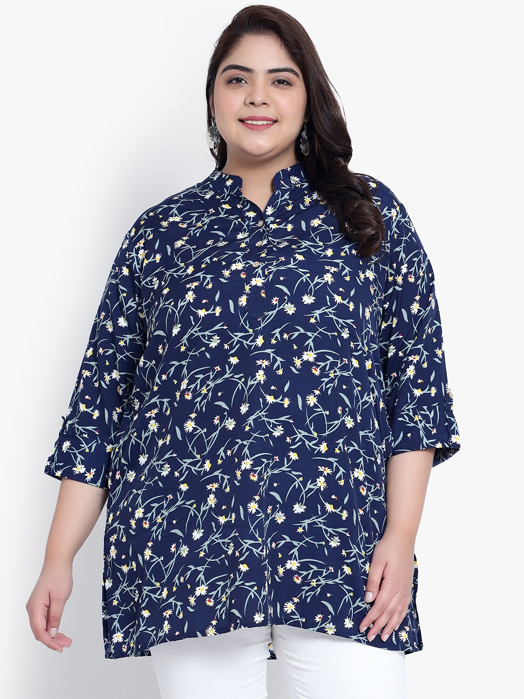 

Indietoga Women Floral Print Mandarin Collar Plus Size Casual Tunic, Navy blue