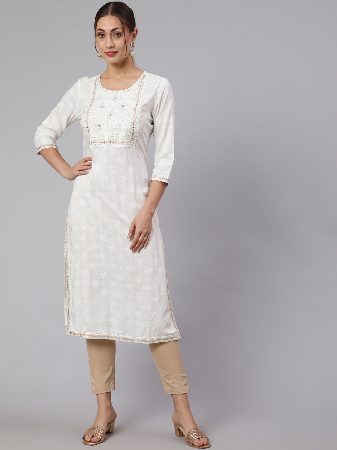 

KALINI Yoke Design Printed Straight Kurta, White