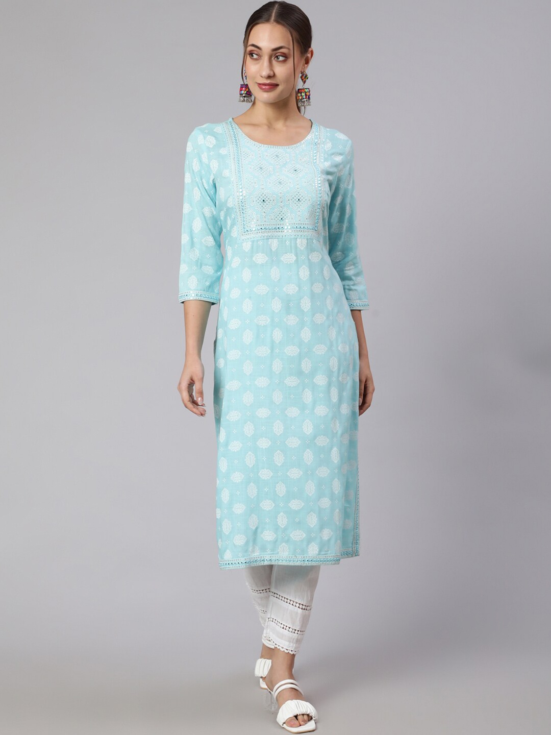 

KALINI Ethnic Motifs Printed Sequinned Kurta, Blue