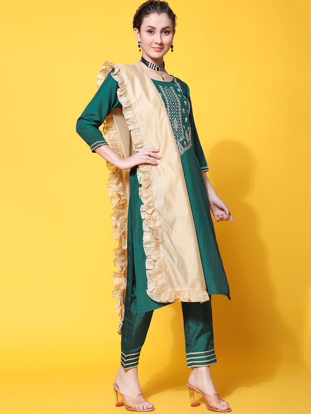 

KALINI Thread Work Pure Silk Kurta With Trousers & With Dupatta, Teal