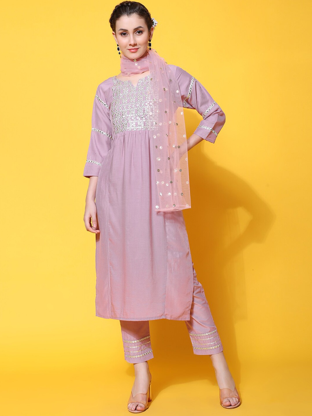 

KALINI Mirror Work Pure Silk Kurta with Trousers & Dupatta, Pink