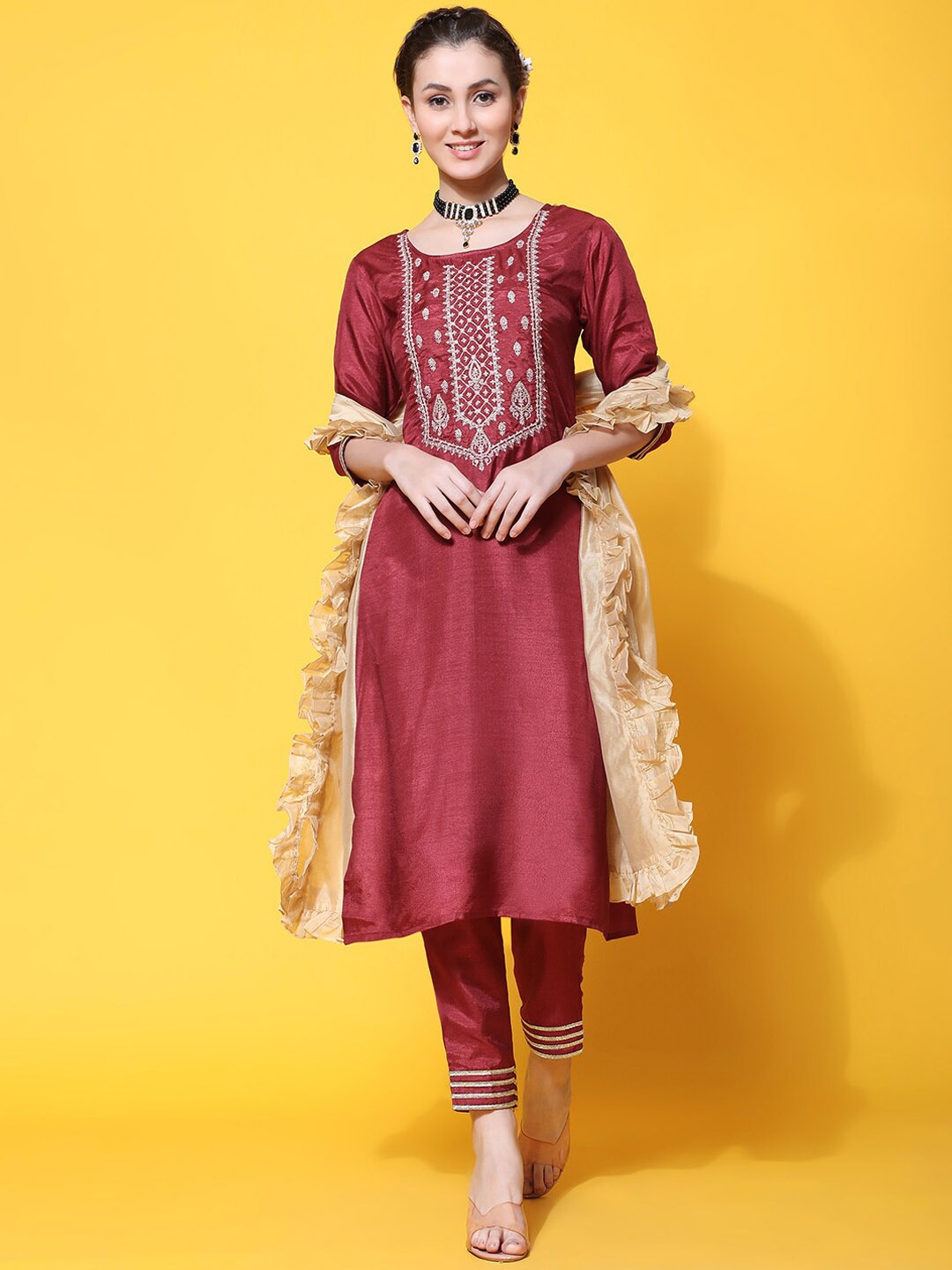 

KALINI Ethnic Motifs Embroidered Pure Silk Kurta with Trousers & Dupatta, Red