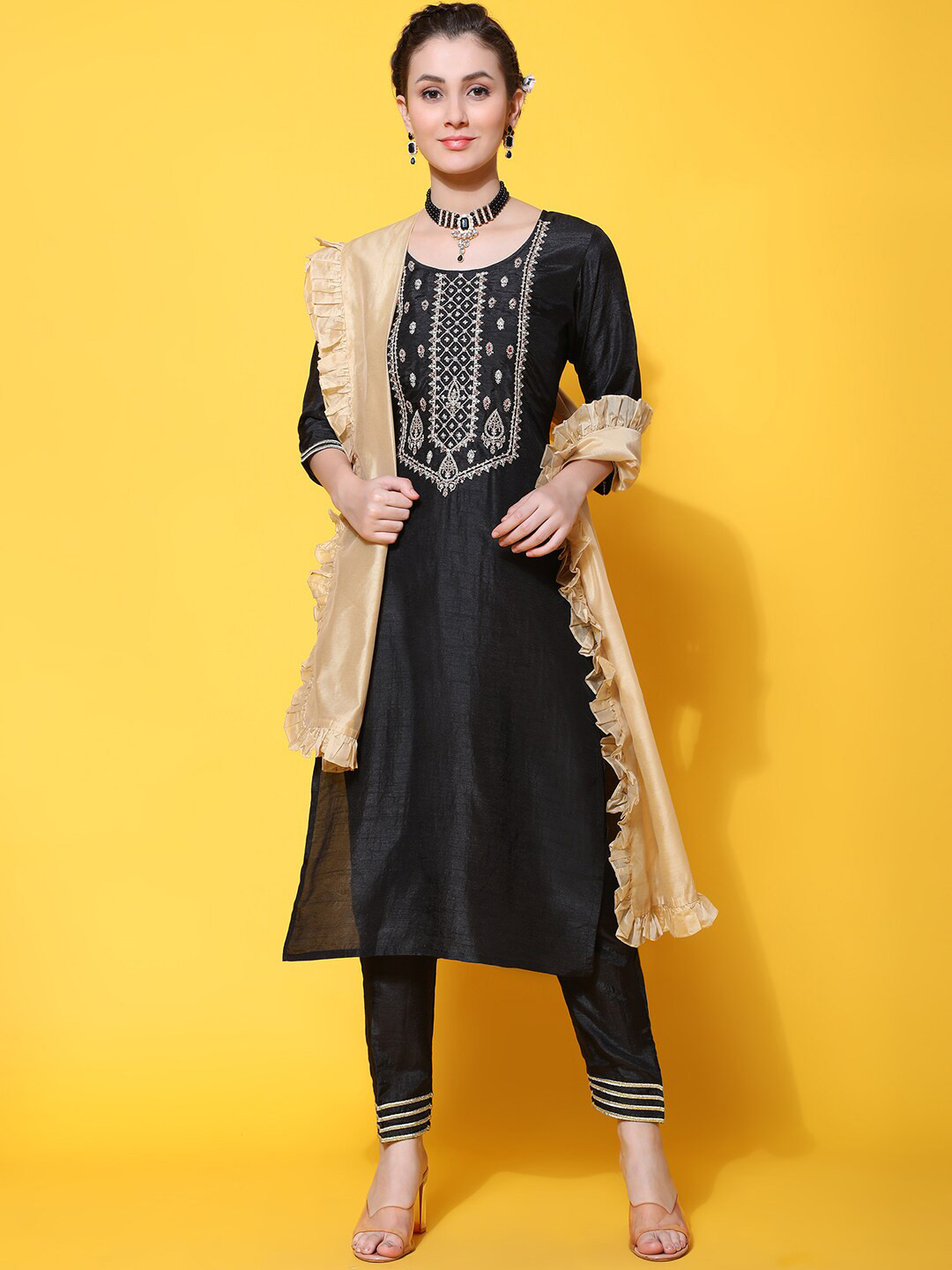 

KALINI Ethnic Motifs Embroidered Pure Silk Kurta with Trousers & Dupatta, Black