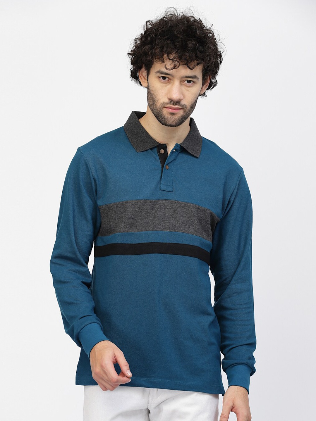 

Kalt Striped Polo Collar T-shirt, Teal