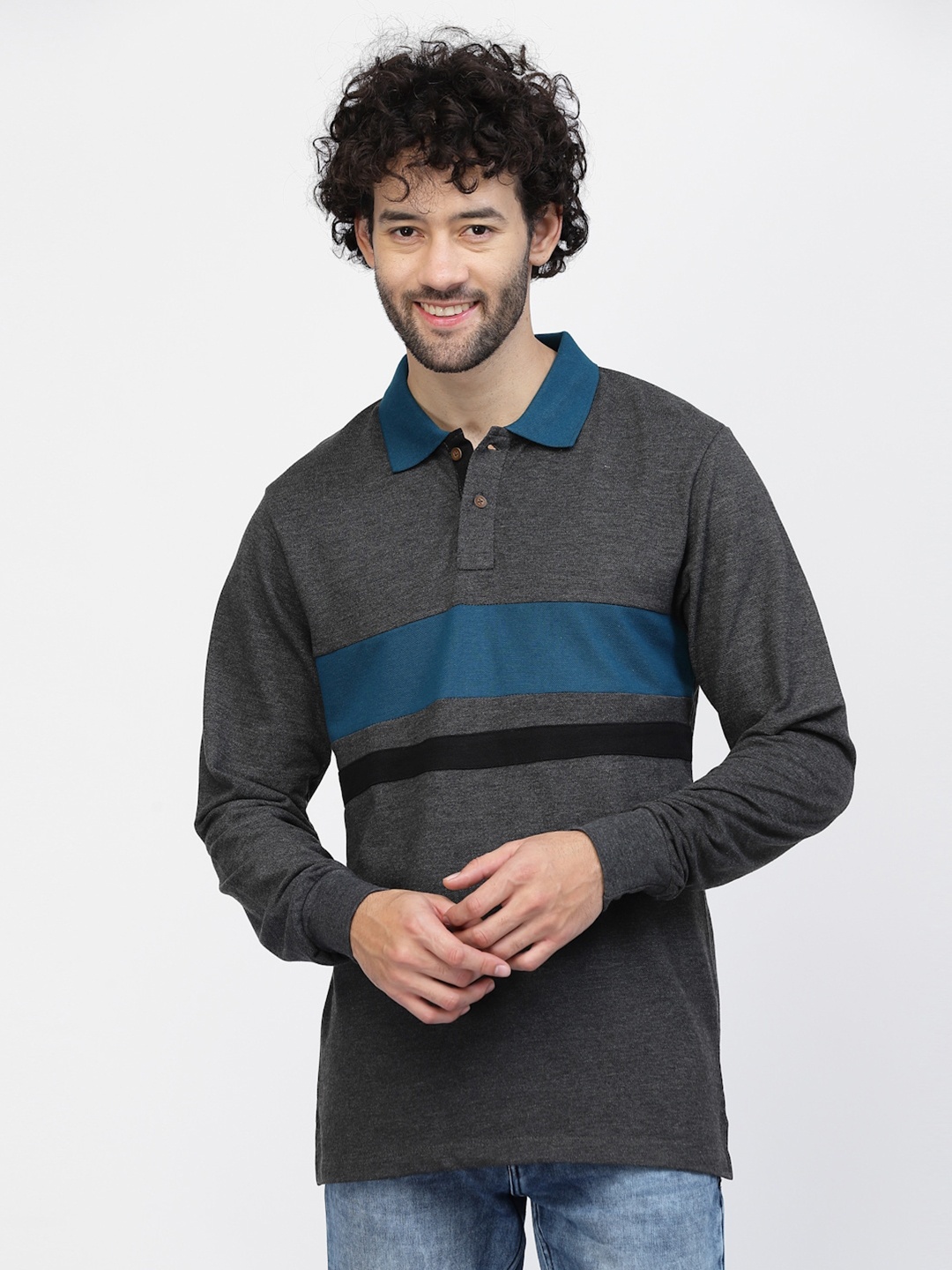 

Kalt Striped Polo Collar Long Sleeves T-shirt, Charcoal
