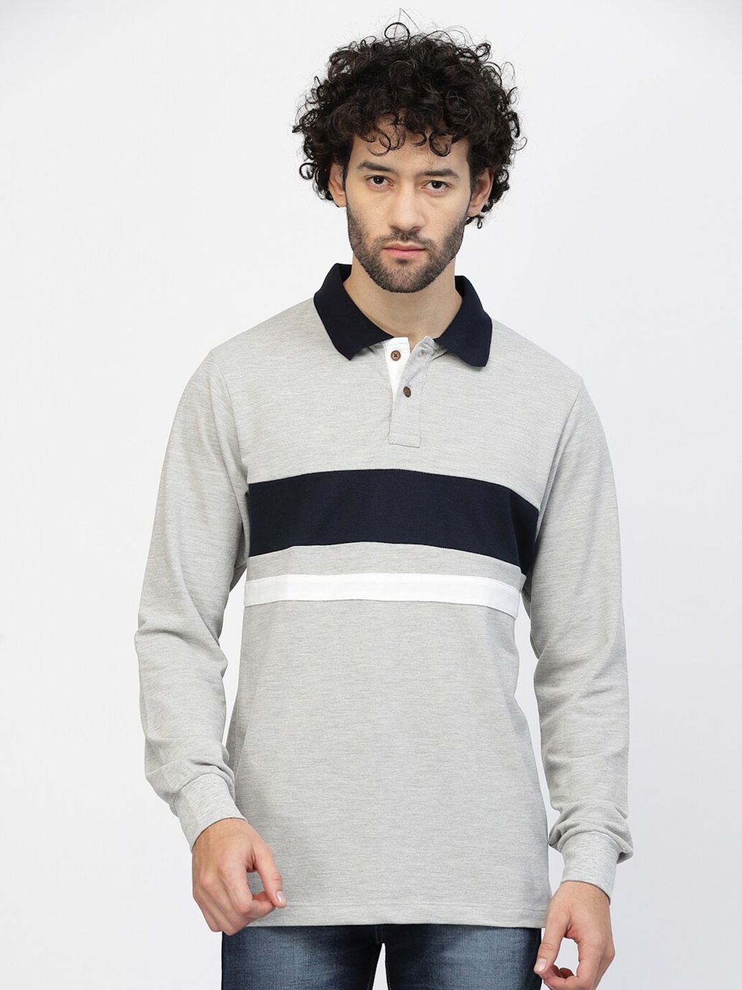 

Kalt Striped Polo Collar Long Sleeves T-shirt, Grey