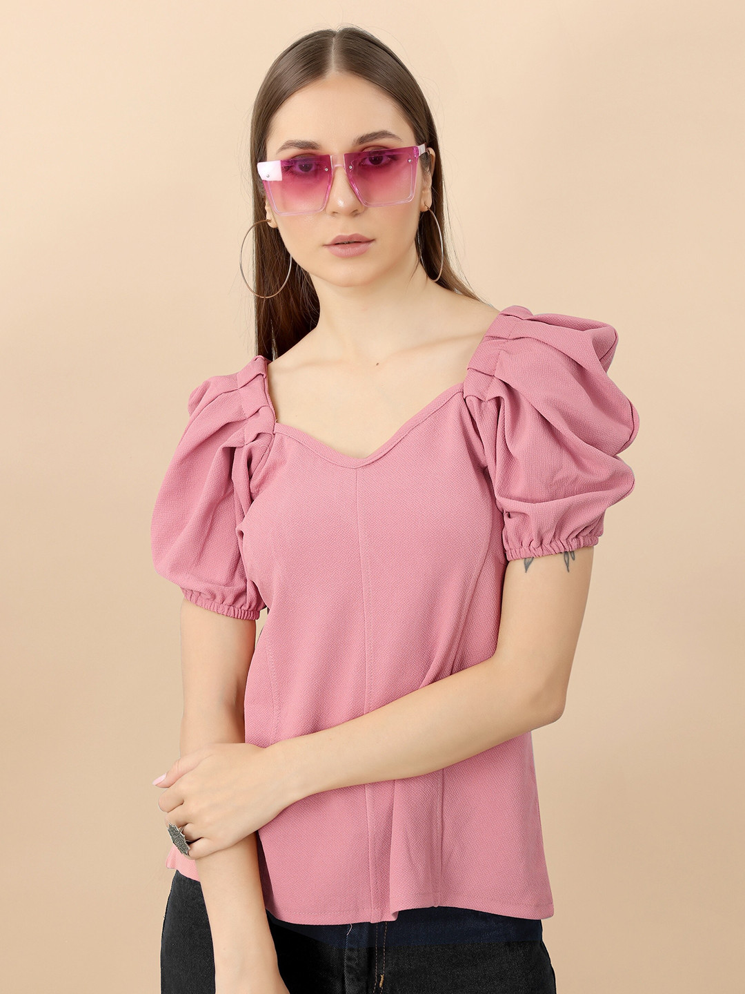 

Fashion FRICKS Sweetheart Neck Puff Sleeve Top, Pink
