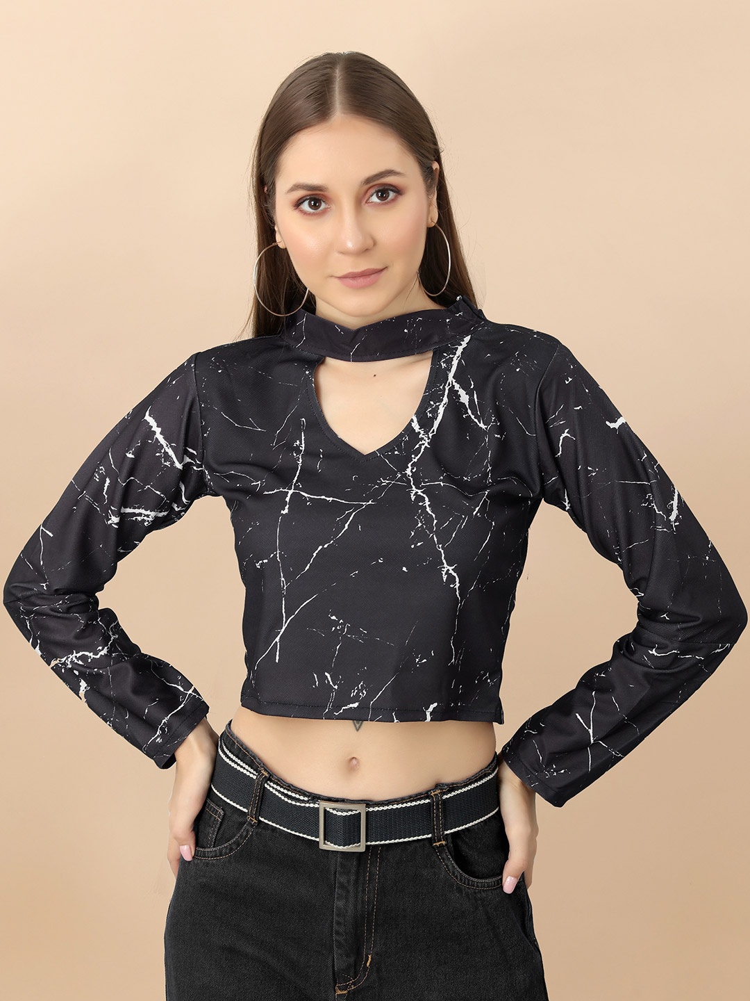 

Fashion FRICKS Abstract Printed Choker Neck Crop Top, Black