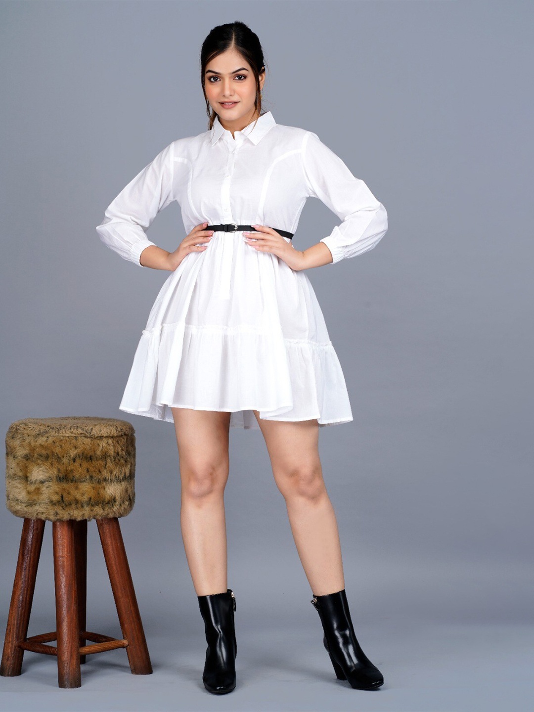 

PINGAKSH Cotton Shirt Collar Fit & Flare Dress With Belt, White