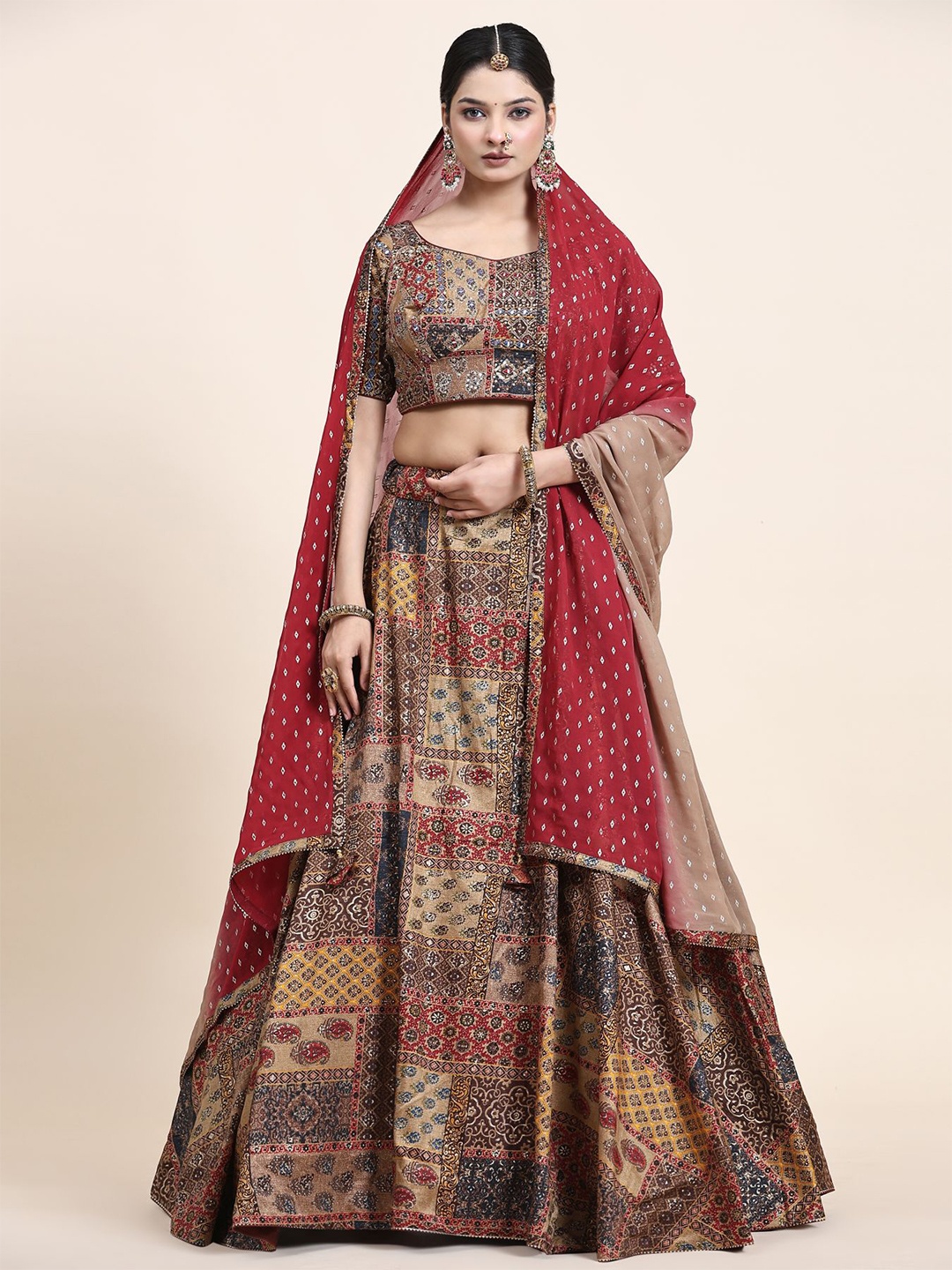 

Phenav Printed Silk Ready to Wear Lehenga Choli With Dupatta, Red