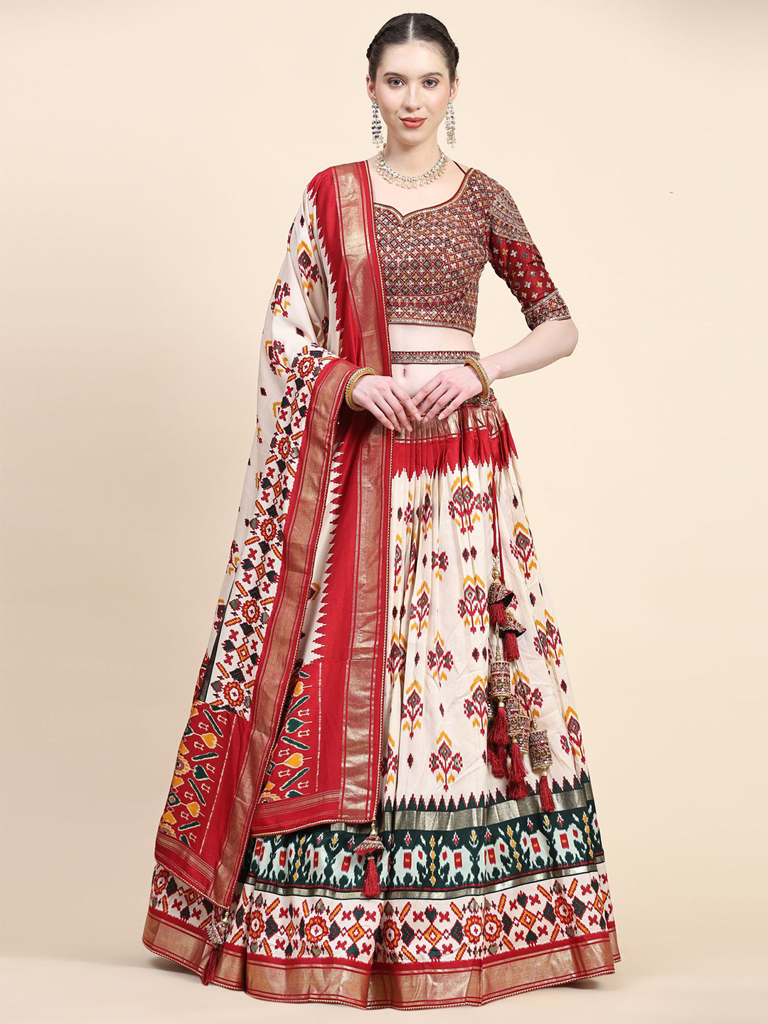 

Phenav Embroidered Silk Ready to Wear Lehenga Choli With Dupatta, Red