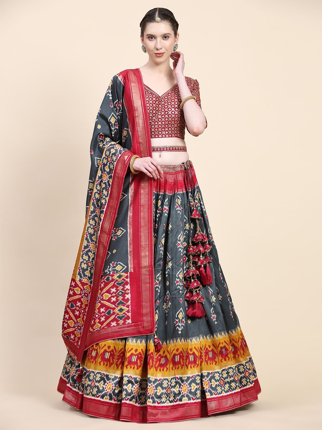 

Phenav Embroidered Sequinned Silk Ready to Wear Lehenga Choli With Dupatta, Black