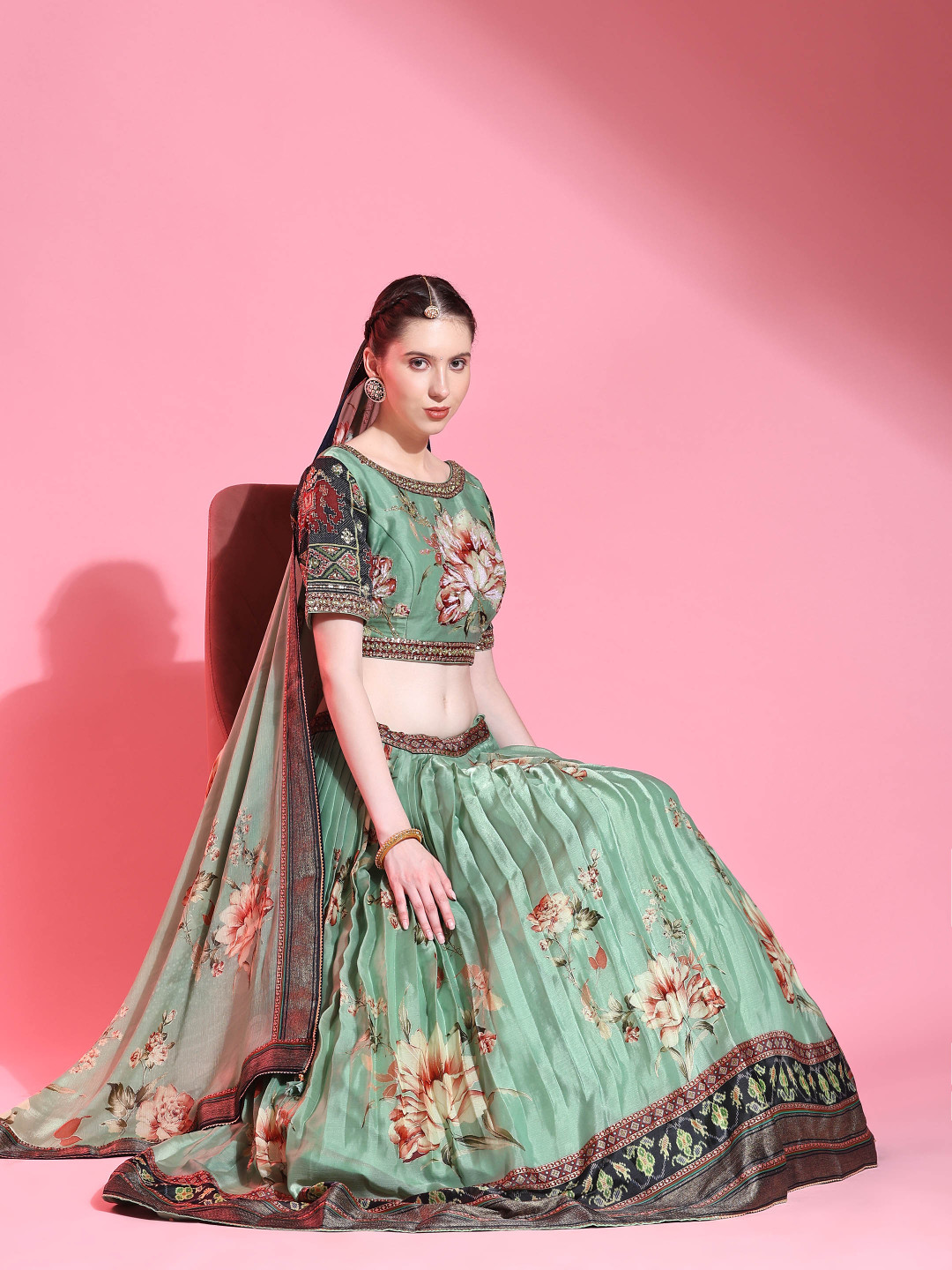 

Phenav Embroidered Batik Ready to Wear Lehenga & Blouse With Dupatta, Green