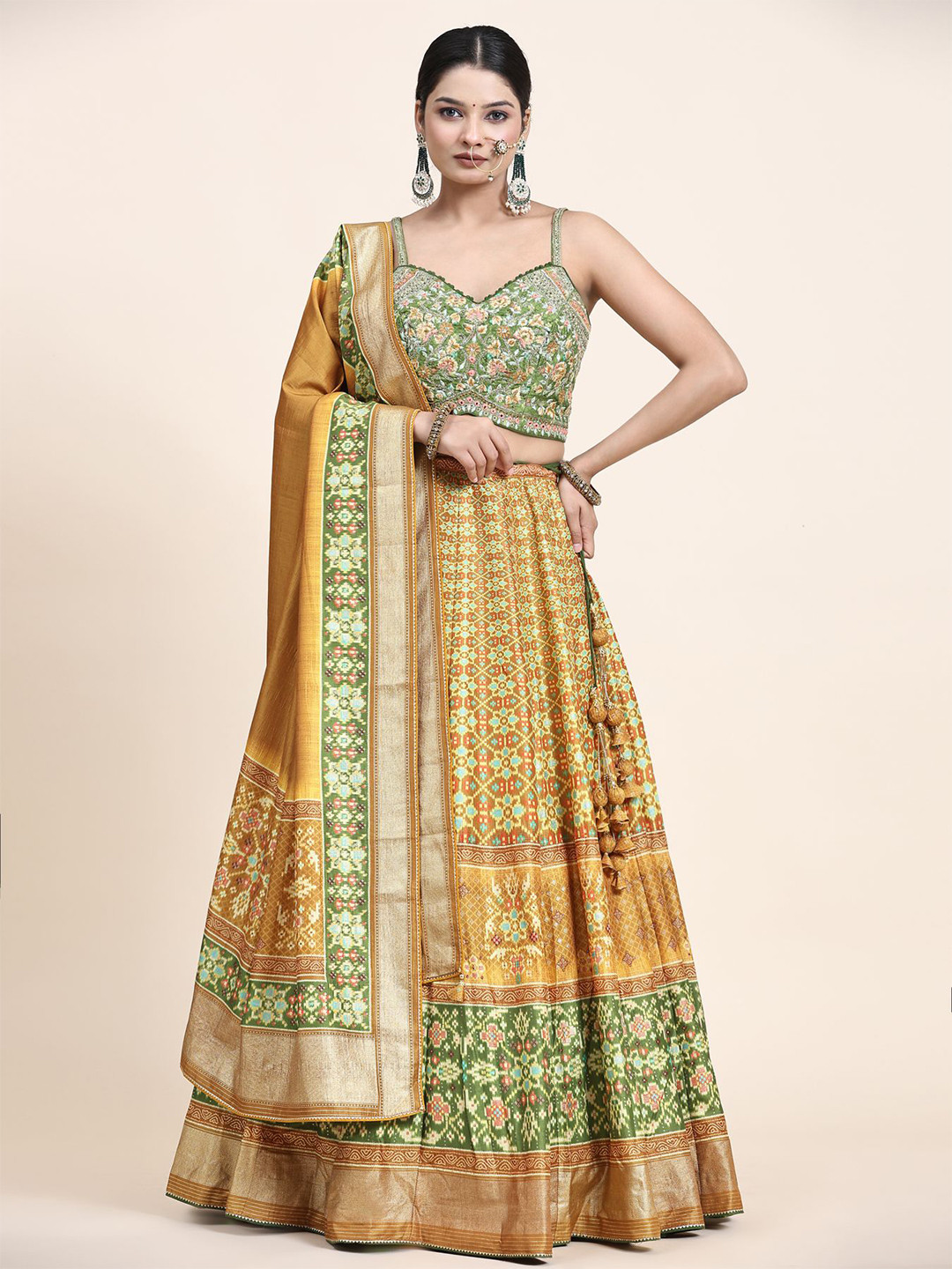 

Phenav Embroidered Batik Ready to Wear Lehenga & Blouse With Dupatta, Mustard