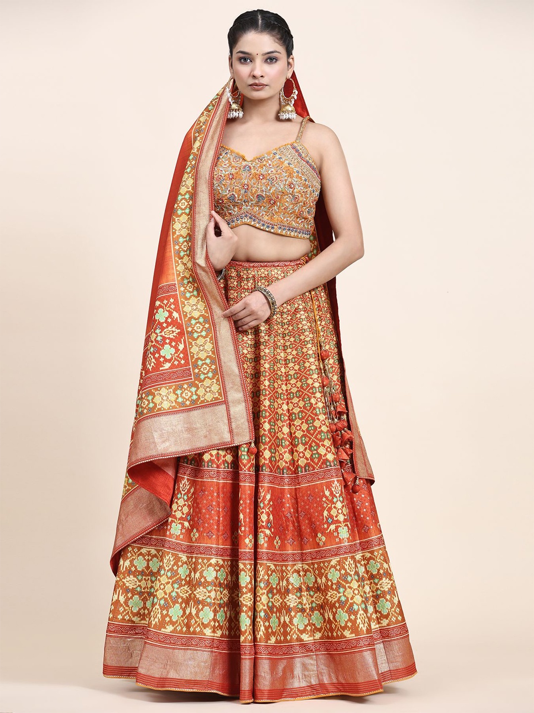 

Phenav Embroidered Batik Ready to Wear Lehenga & Blouse With Dupatta, Orange