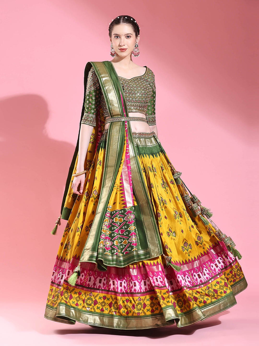 

Phenav Embroidered Ikat Ready to Wear Lehenga & Blouse With Dupatta, Yellow