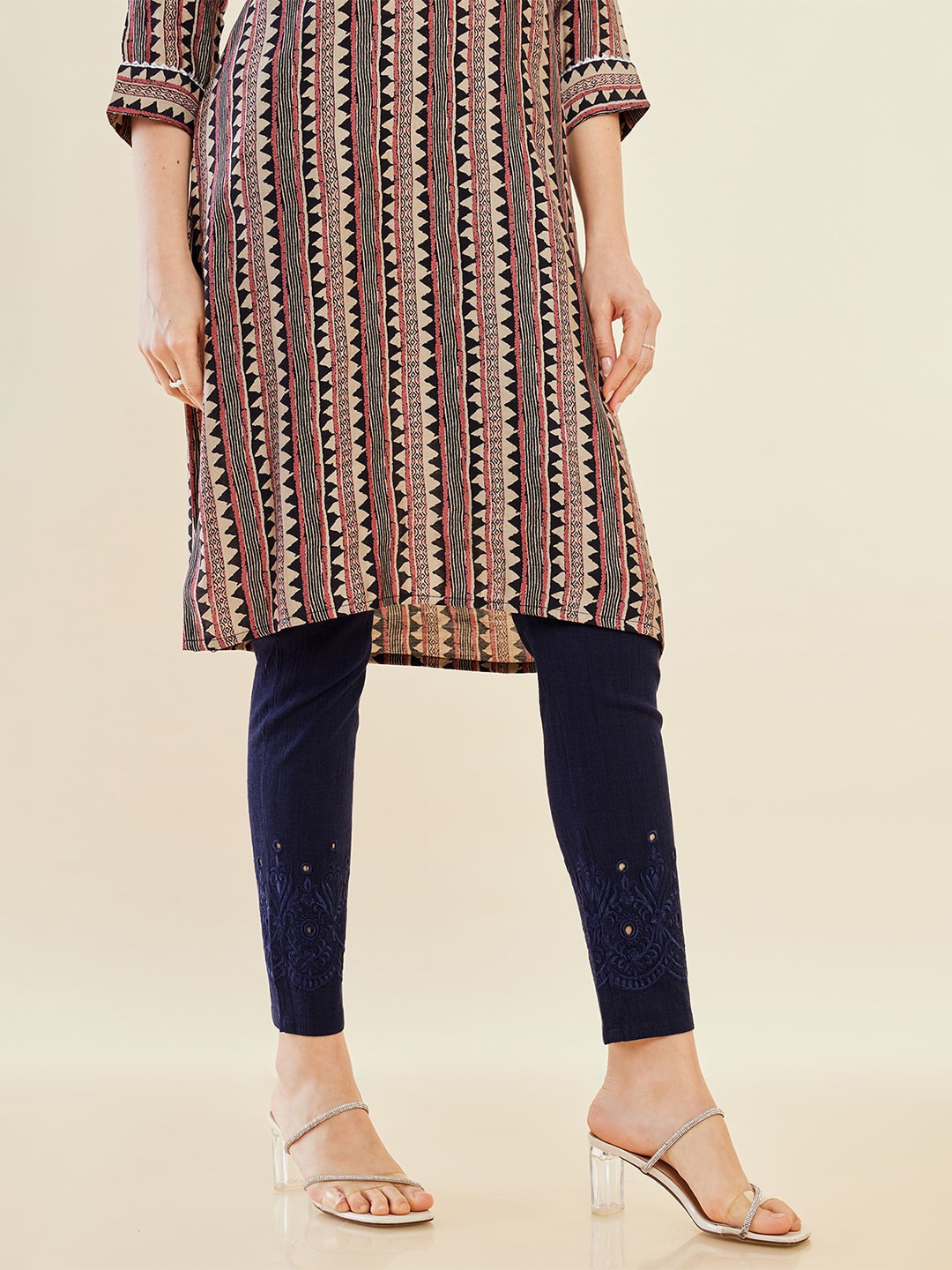 

Soch Women Straight Fit Embroidered Cotton Trousers, Navy blue